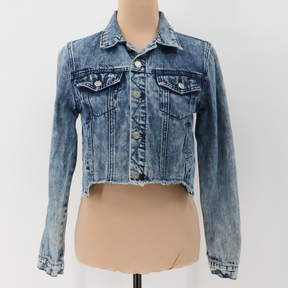 Acid Wash Cropped Denim Jean Jacket Womens Grunge‎ Retro Streetwear Y2K Size S